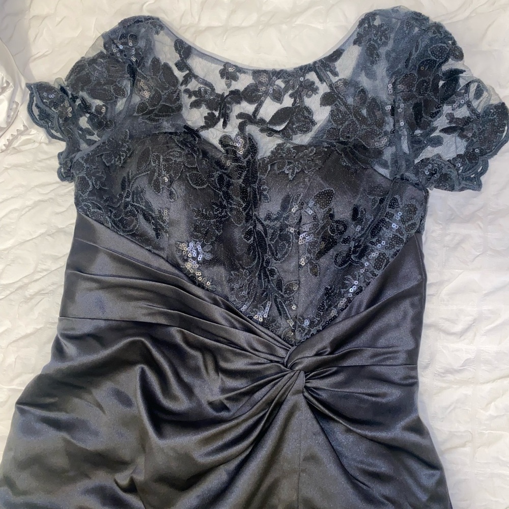 Dark gray formal gown with slit